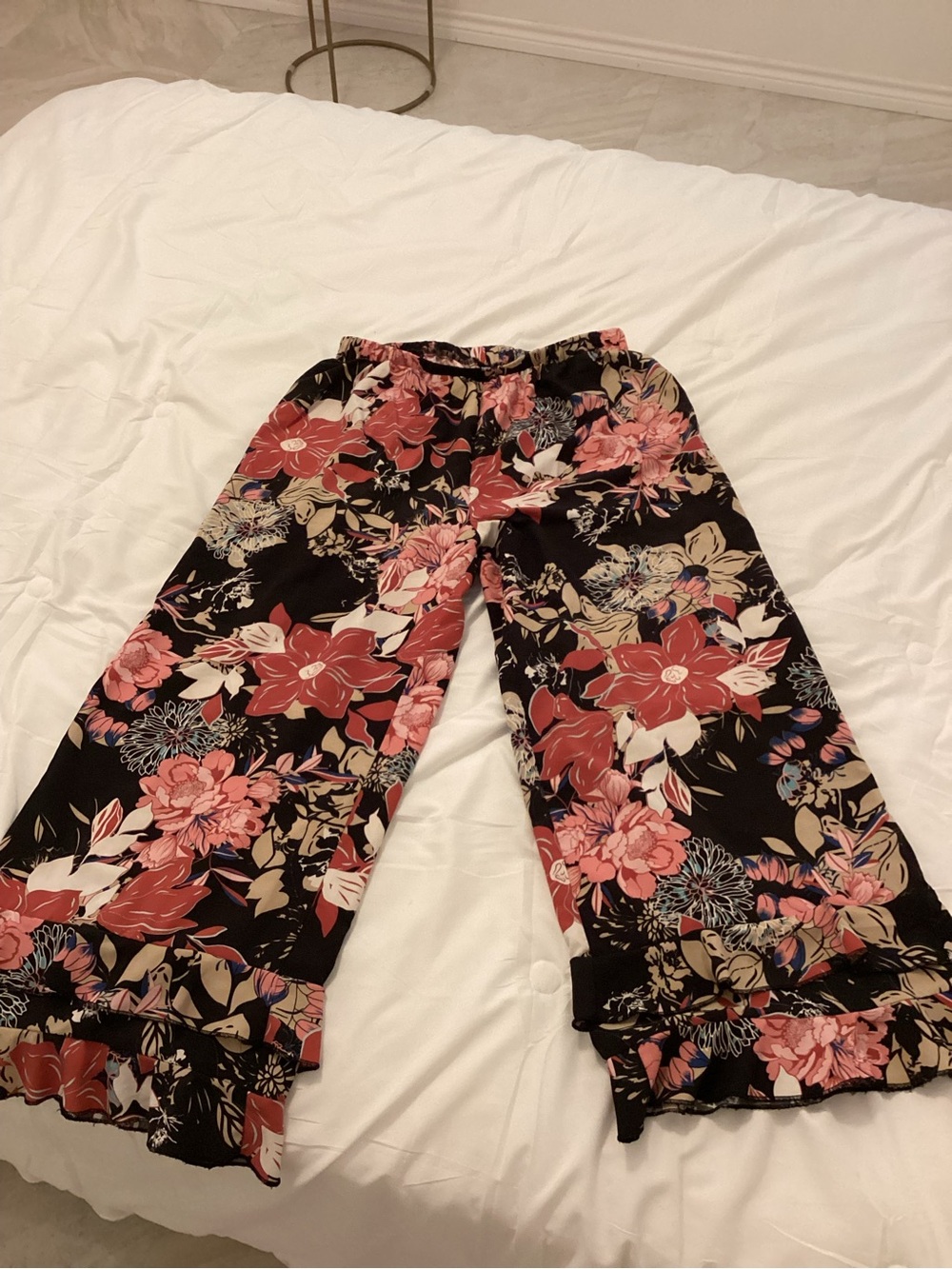 Black Wide-Leg Floral Pants with Pink Blooms
